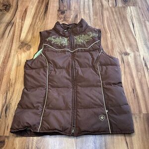 Ariat Women’s Western Brown Puffer Vest – Size Small, Embroidered, Zip Front